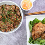 脆炸西班牙豬肉粒配柚子蜜醬汁及 芝麻照燒汁炒西班牙豬肉